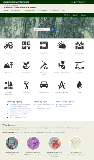 Homepage for the Vermont Open Geodata Portal